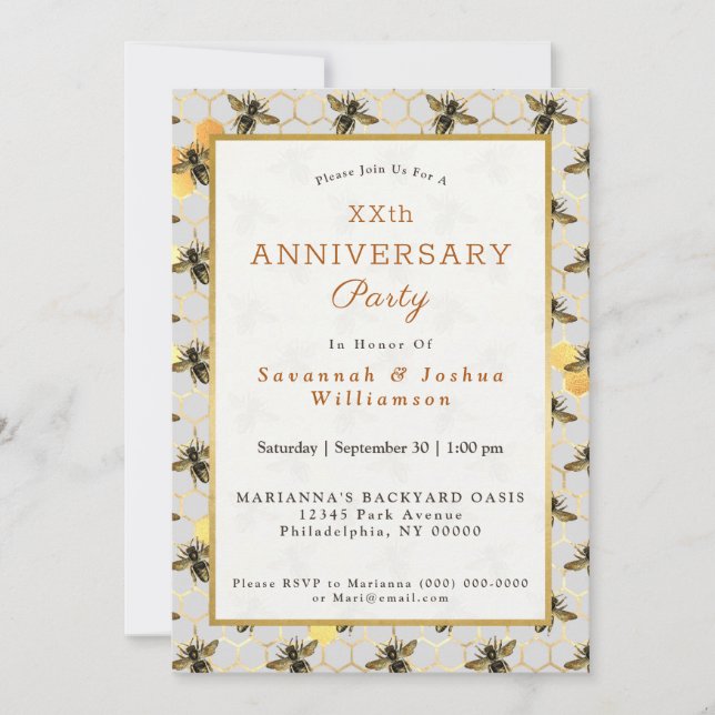 Bees Gold Honeycomb Anniversary Invitation (Front)