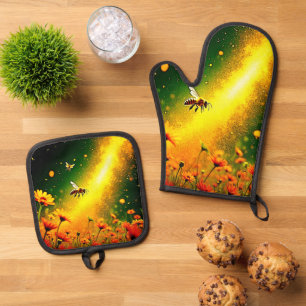 Bees' Golden Pollen Burst Joy Design Oven Mitt & Pot Holder Set