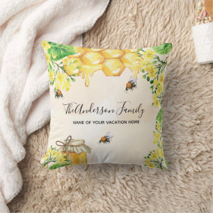 Bees honey yellow florals family name garden cushion
