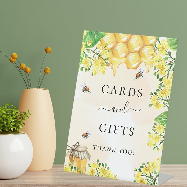 Bees honey yellow florals party cards gifts pedestal sign (Creator Uploaded)