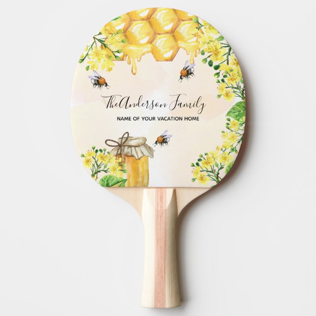 Bees honey yellow flowers family monogram ping pong paddle (Front)