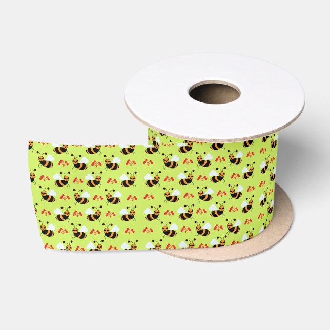 Bees Honeybee Red Flowers Pattern Satin Ribbon (Spool)