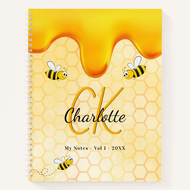 Bees honeycomb honey dripping Yellow monogram  Notebook (Front)