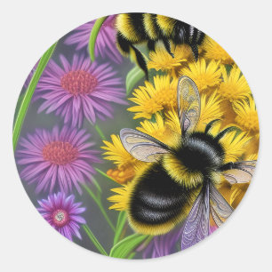 Bees in a Flower Meadow   Classic Round Sticker