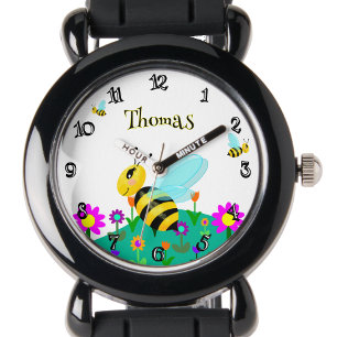 Bees in the Flowers Funny Font Personalised Watch