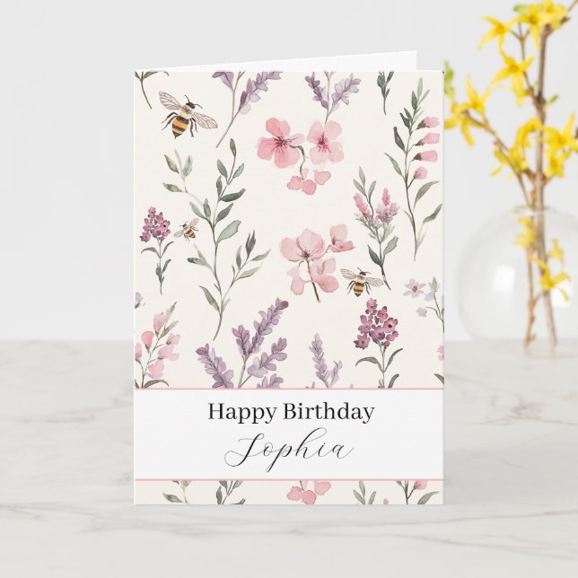 Bees Lavender Pink Flowers Birthday Card (Yellow Flower)