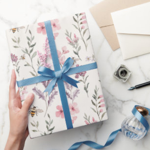 Bees Lavender Pink Flowers Birthday Wrapping Paper