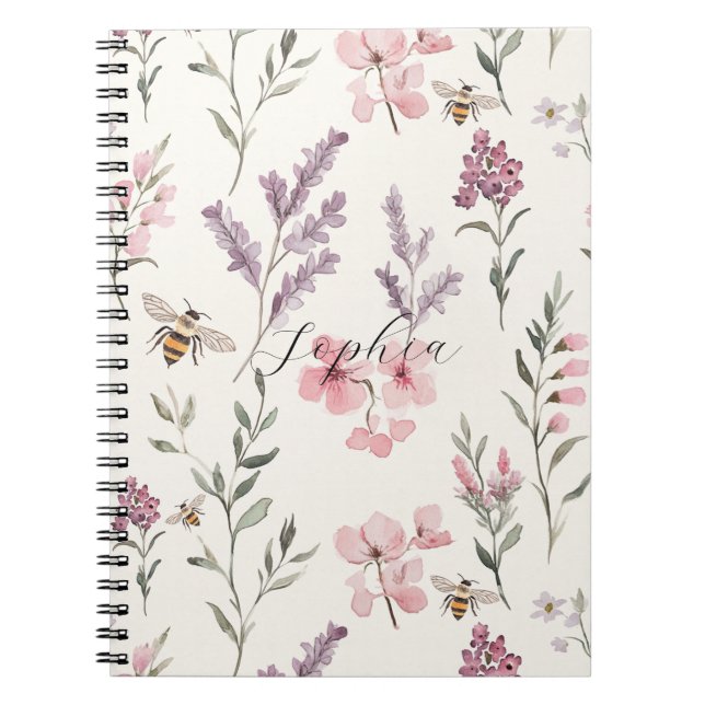 Bees Lavender Pink Flowers Notebook (Front)