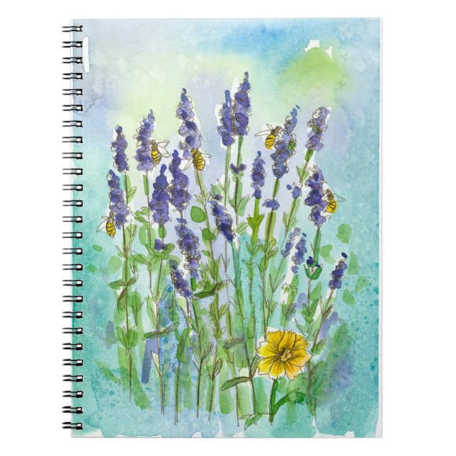 Bees Lavender Watercolor Flowers Teal Blue Notebook (Front)