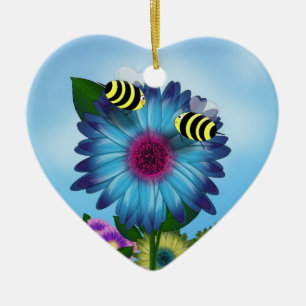 Bee's Lunch Date on Blue Flower Ceramic Tree Decoration