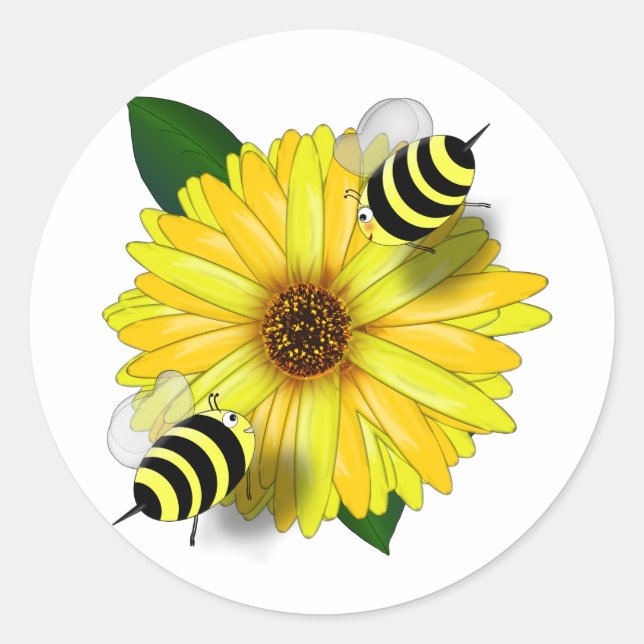 Bee's Lunch Date on Yellow Flower Classic Round Sticker (Front)