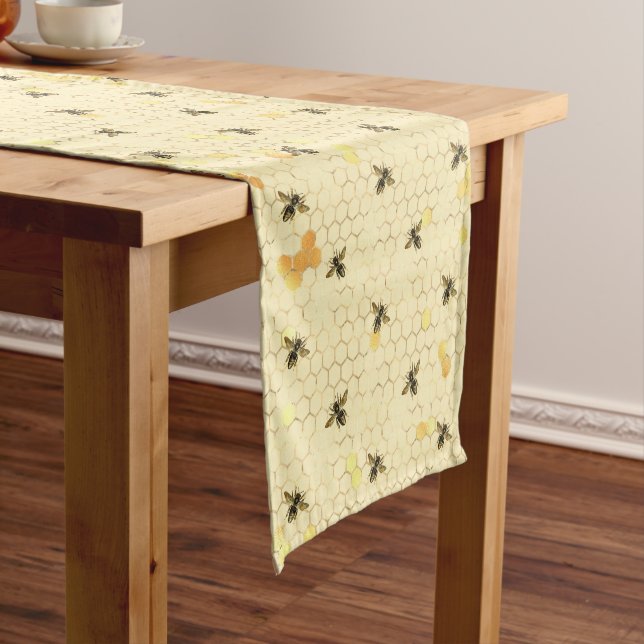 Bees on Honeycomb Pattern Gold Yellow Short Table Runner (In Situ)