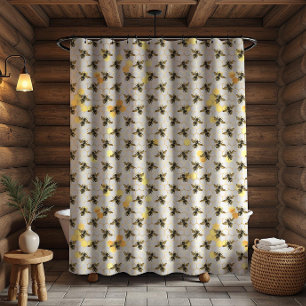 Bees on Honeycomb Pattern Yellow Gold Gray Rustic Shower Curtain
