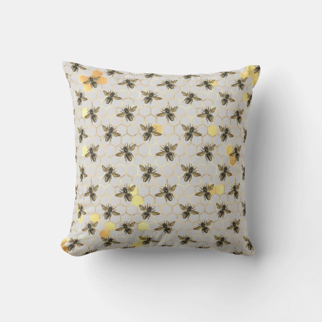 Bees on Honeycomb Pattern Yellow Gold Grey Cushion (Front)