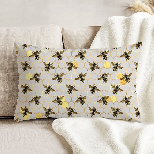Bees on Honeycomb Pattern Yellow Gold Grey Decorative Cushion (Creator Uploaded)