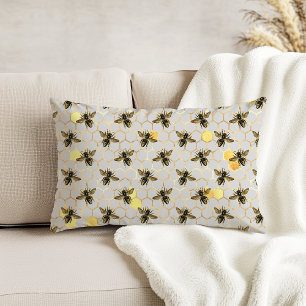 Bees on Honeycomb Pattern Yellow Gold Grey Decorative Cushion