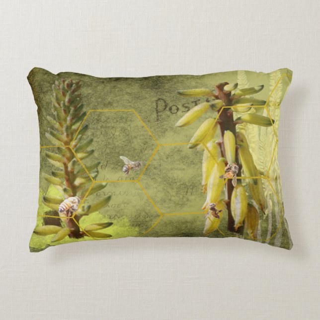 Bees on Yucca Plant Mixed Media Decorative Cushion (Front)