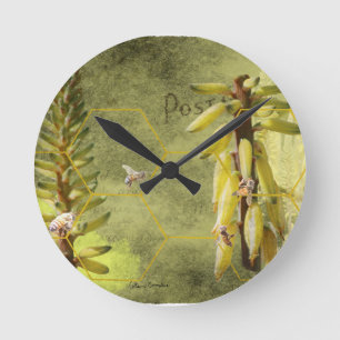 Bees on Yucca Plant Mixed Media Round Clock