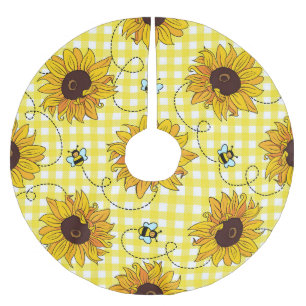 Bees, sunflowers, chequered, vintage pattern. brushed polyester tree skirt