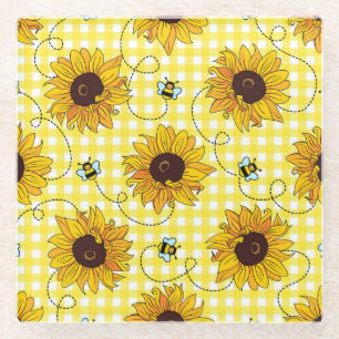 Bees, sunflowers, chequered, vintage pattern. glass coaster