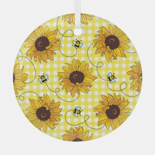 Bees, sunflowers, chequered, vintage pattern. glass tree decoration