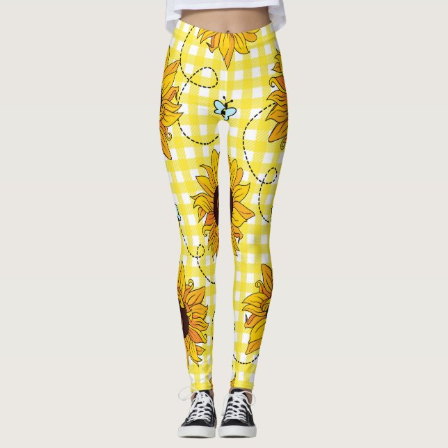 Bees, sunflowers, chequered, vintage pattern. leggings (Front)