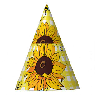 Bees, sunflowers, chequered, vintage pattern. party hat