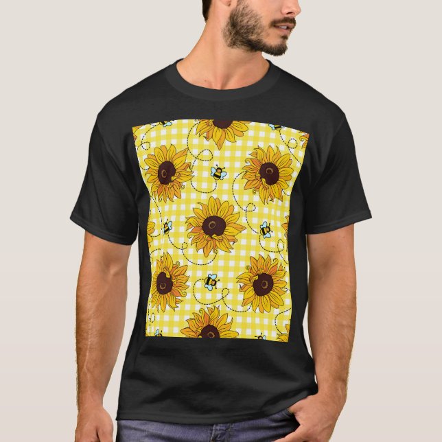 Bees, sunflowers, chequered, vintage pattern. T-Shirt (Front)