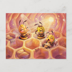Bees waking with sunrise enjoying coffee in comic postcard
