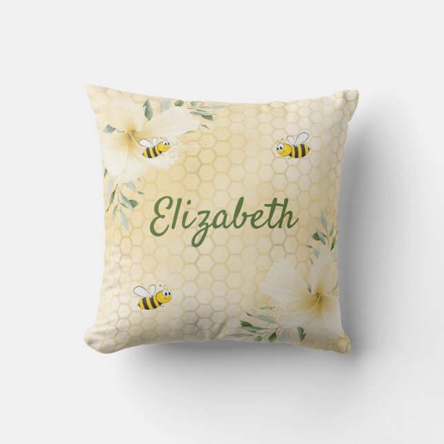 Bees yellow honeycomb florals name cushion (Front)