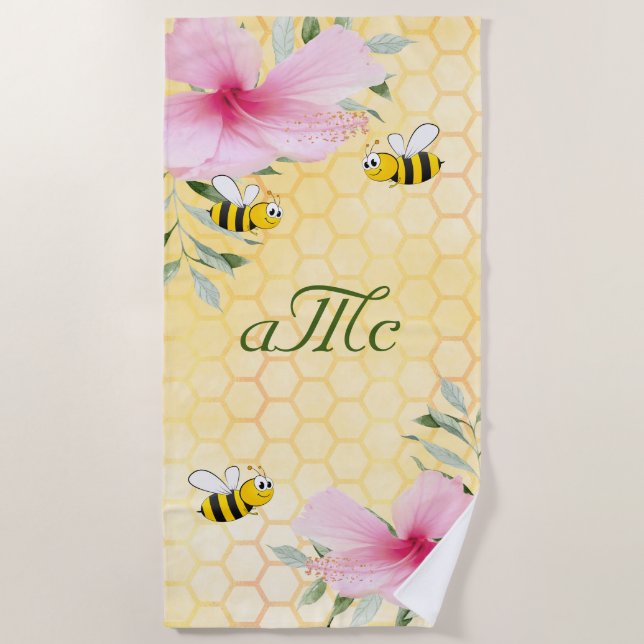 Bees yellow honeycomb pink florals couple monogram beach towel (Front)