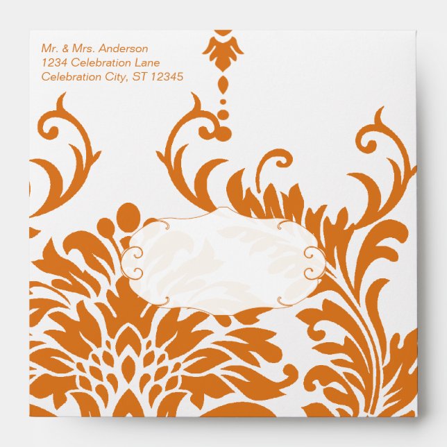Beeswax Elegant Antique Coral Orange Damask Envelope (Front)