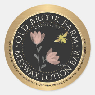 Beeswax Lip Balm Gold Black Flower Bee Classic Round Sticker