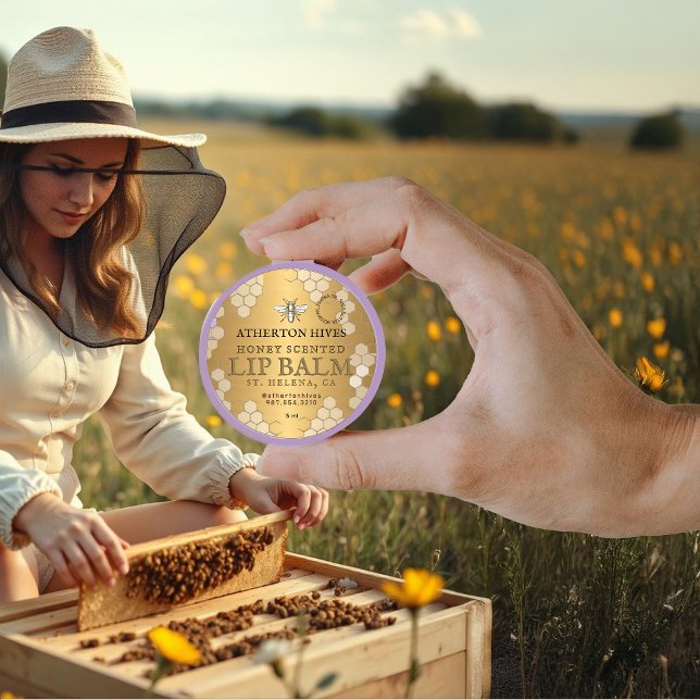 Beeswax Lip Balm Gold Honeycomb Heraldic Bee Classic Round Sticker (Creator Uploaded)
