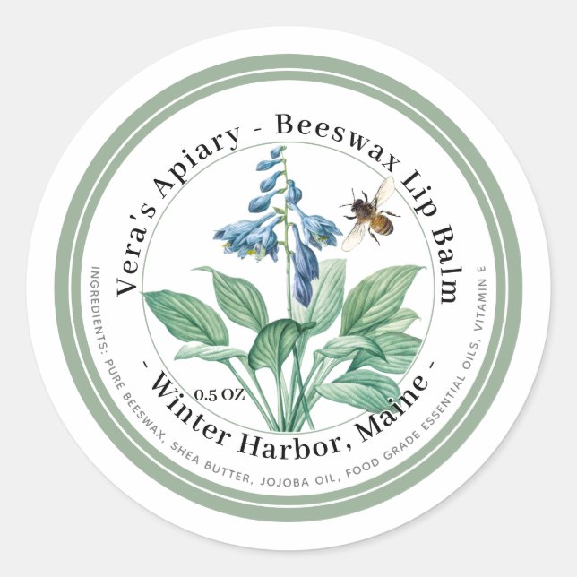 Beeswax Lip Balm Label with Blue Flowers and Bee (Front)