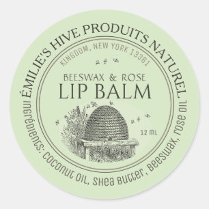 Beeswax lip balm tin mini label with skep and bees