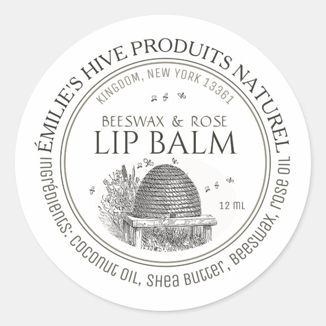 Beeswax lip balm tin mini label with skep and bees (Front)