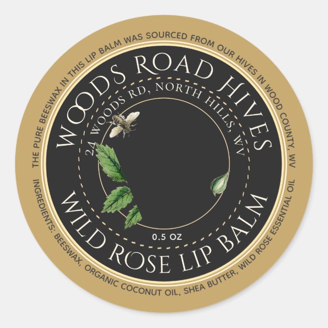Beeswax Wild Rose Honeybee Lip Balm Gold Rim  Classic Round Sticker (Front)