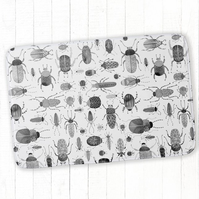 Beetle Black & White Bath Mat (Beetles and bugs black and white watercolor bath mat)