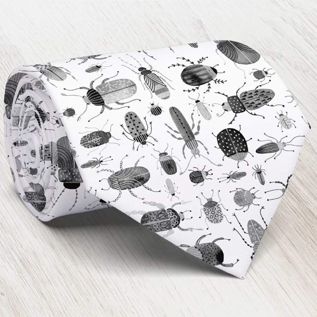 Beetle Black & White Tie (Bugs Insects and Beetles black and white ink art neck tie)