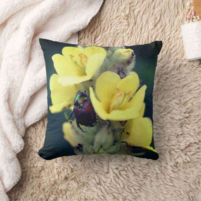 Beetle On Wild Mullein Flower Close Up  Cushion (Blanket)