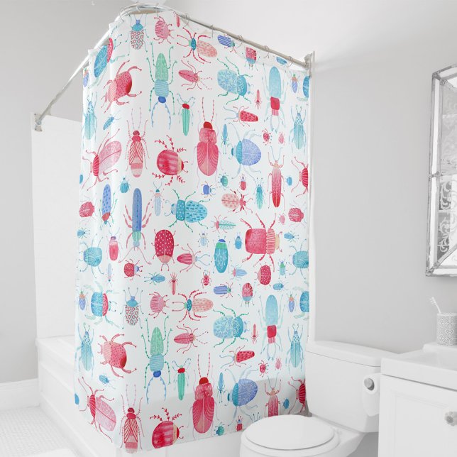Beetles and Bugs Fun Watercolor Shower Curtain (Watercolor bugs and beetles pink and blue shower curtain)