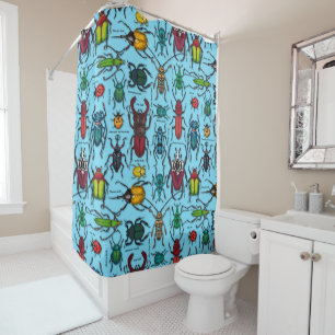 Beetles on blue shower curtain