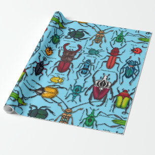 Beetles on blue wrapping paper