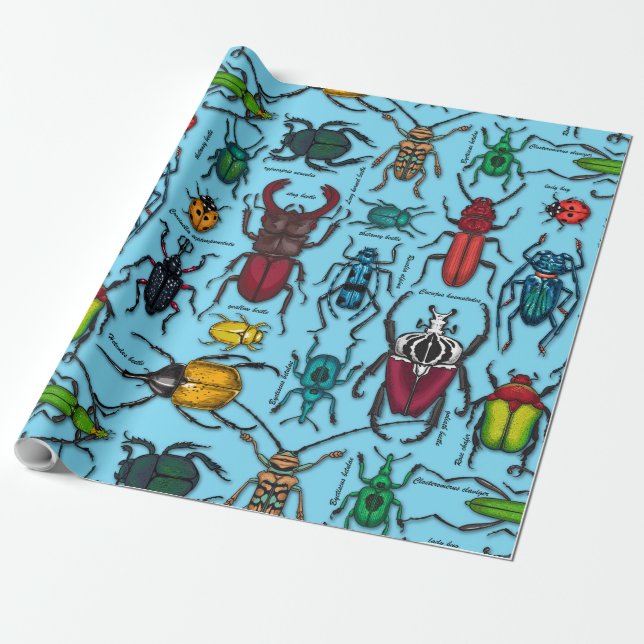 Beetles on blue wrapping paper (Unrolled)