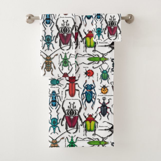 Beetles on white bath towel set (Insitu)