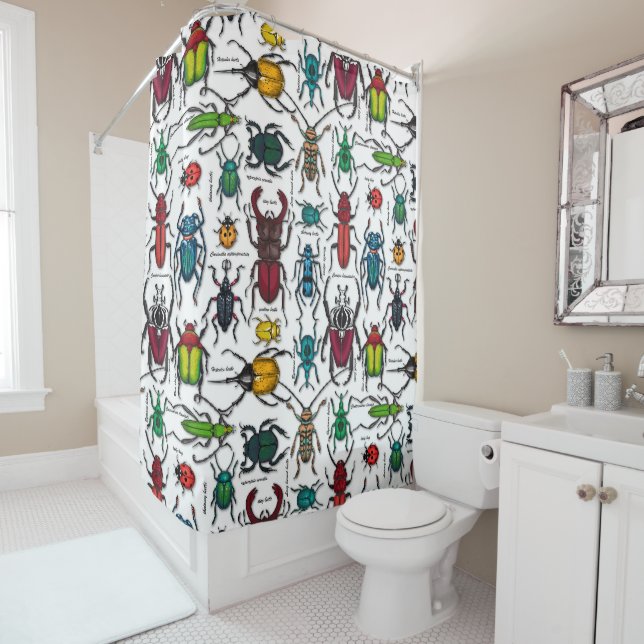 Beetles on white shower curtain (In Situ)