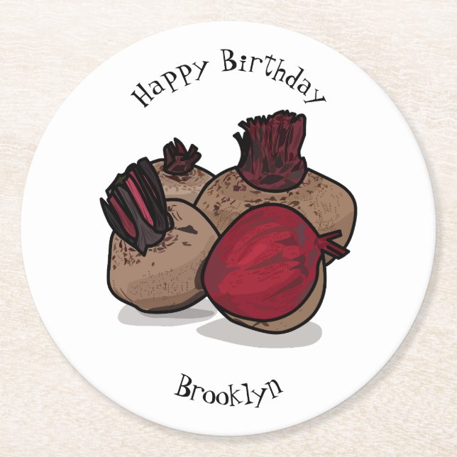 Beetroot cartoon illustration round paper coaster (Front)