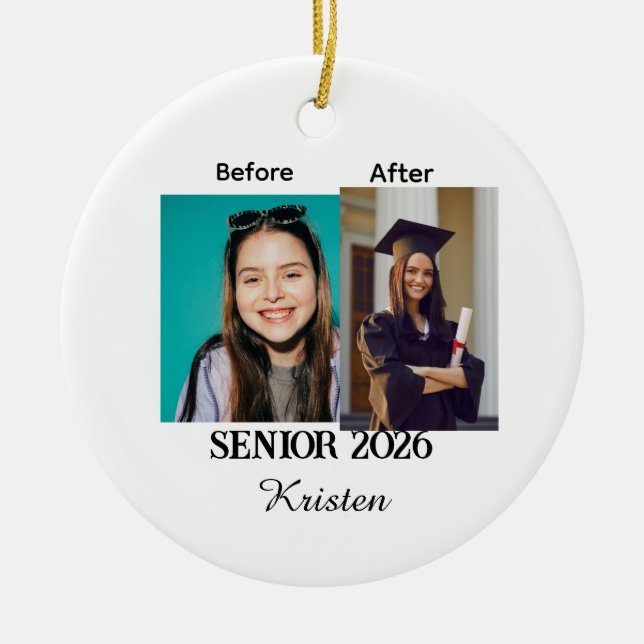 Before and after photo personalized graduation  ceramic tree decoration (Front)