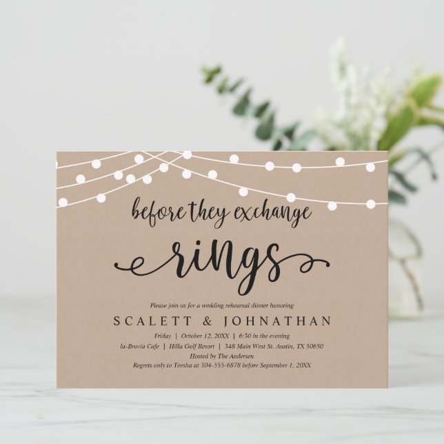 Before Exchange Rings, Rustic Rehearsal Dinner Invitation (Standing Front)